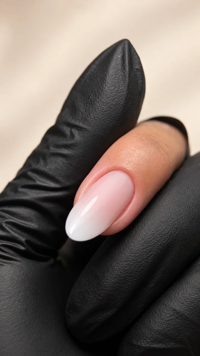 Ongle amande au dégradé laiteux rose, tenu par une main gantée de noir
